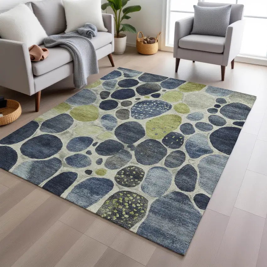Denim Blue Ivory And Lime Green Geometric Washable Indoor Outdoor Area Rug Photo 5