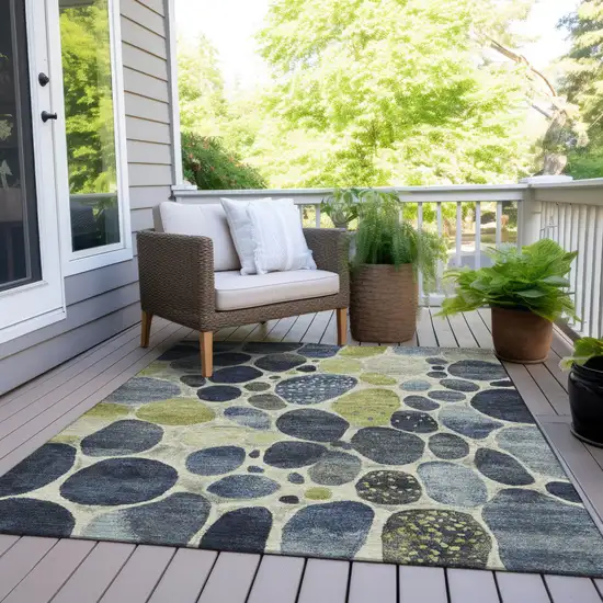 Denim Blue Ivory And Lime Green Geometric Washable Indoor Outdoor Area Rug Photo 7