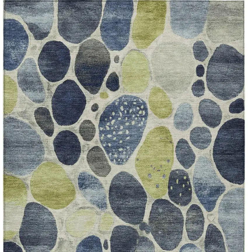 Denim Blue Ivory And Lime Green Geometric Washable Indoor Outdoor Area Rug Photo 1