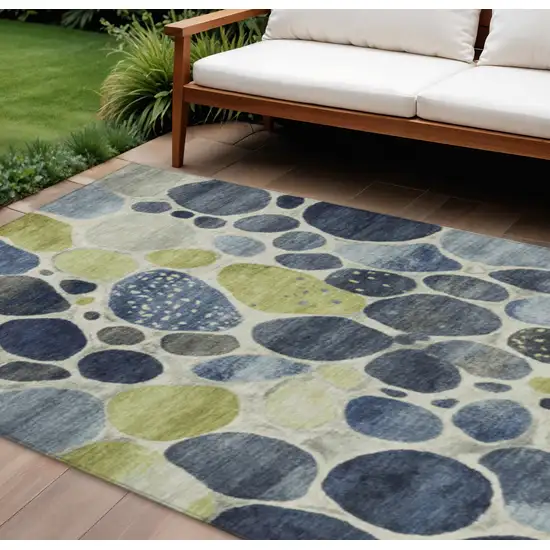 Denim Blue Ivory And Lime Green Geometric Washable Indoor Outdoor Area Rug Photo 2