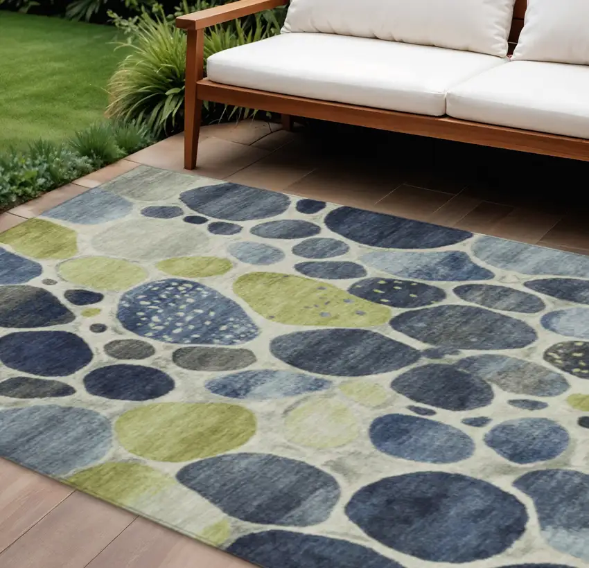 Denim Blue Ivory And Lime Green Geometric Washable Indoor Outdoor Area Rug Photo 2