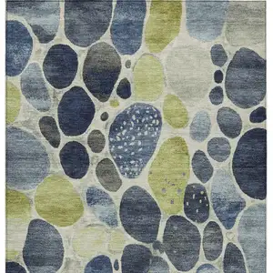 Photo of Denim Blue Ivory And Lime Green Geometric Washable Indoor Outdoor Area Rug