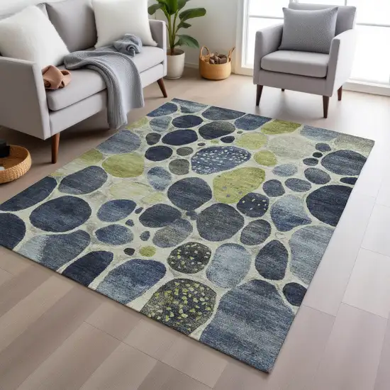 Denim Blue Ivory And Lime Green Geometric Washable Indoor Outdoor Area Rug Photo 5