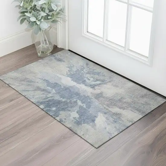 Denim Blue Ivory And Linen Abstract Washable Area Rug With UV Protection Photo 2