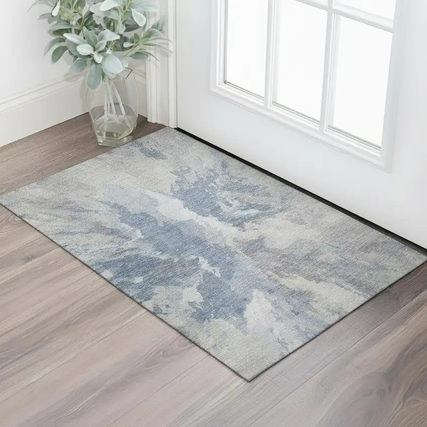 Denim Blue Ivory And Linen Abstract Washable Area Rug With UV Protection Photo 2