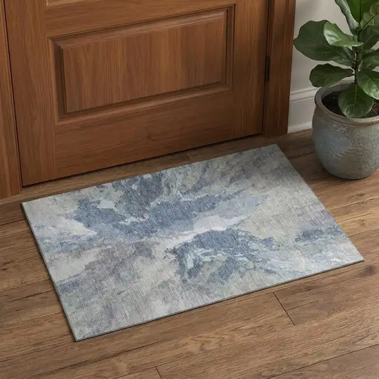 Denim Blue Ivory And Linen Abstract Washable Area Rug With UV Protection Photo 1