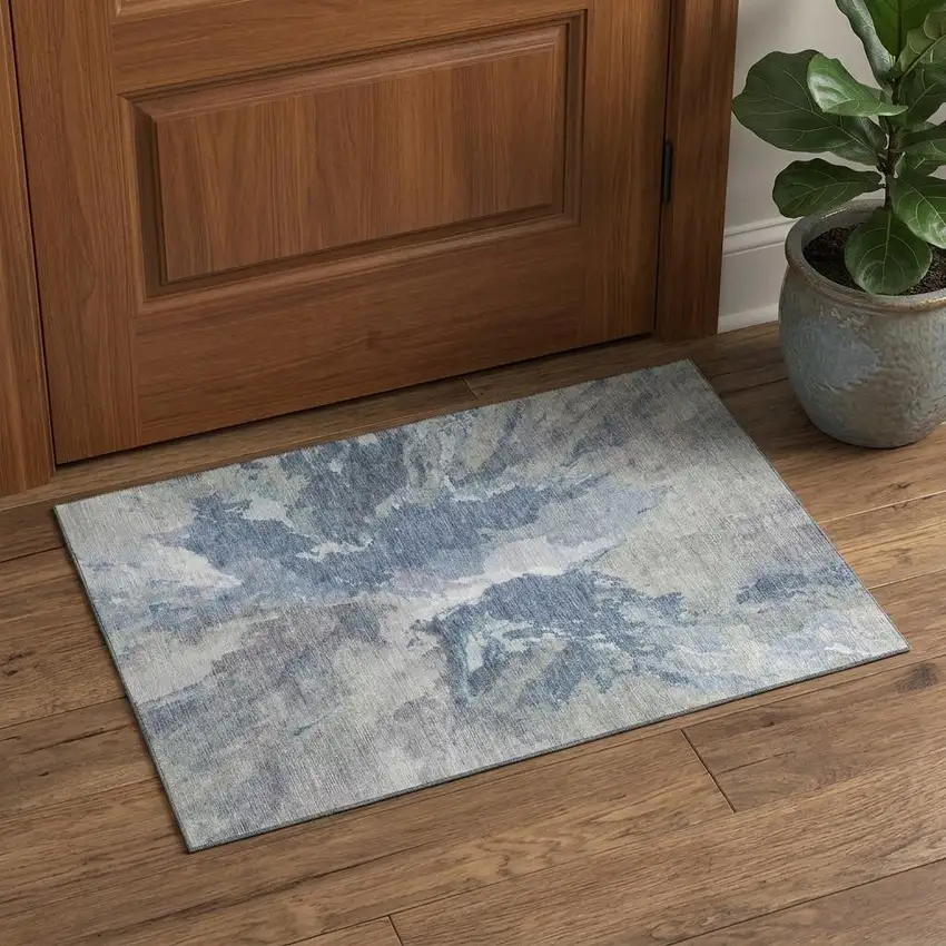 Denim Blue Ivory And Linen Abstract Washable Area Rug With UV Protection Photo 1
