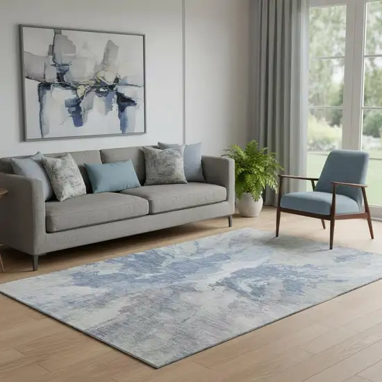 Denim Blue Ivory And Linen Abstract Washable Area Rug With UV Protection Photo 2