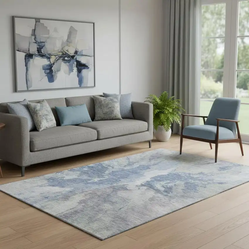 Denim Blue Ivory And Linen Abstract Washable Area Rug With UV Protection Photo 2