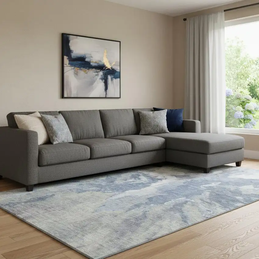 Denim Blue Ivory And Linen Abstract Washable Area Rug With UV Protection Photo 2