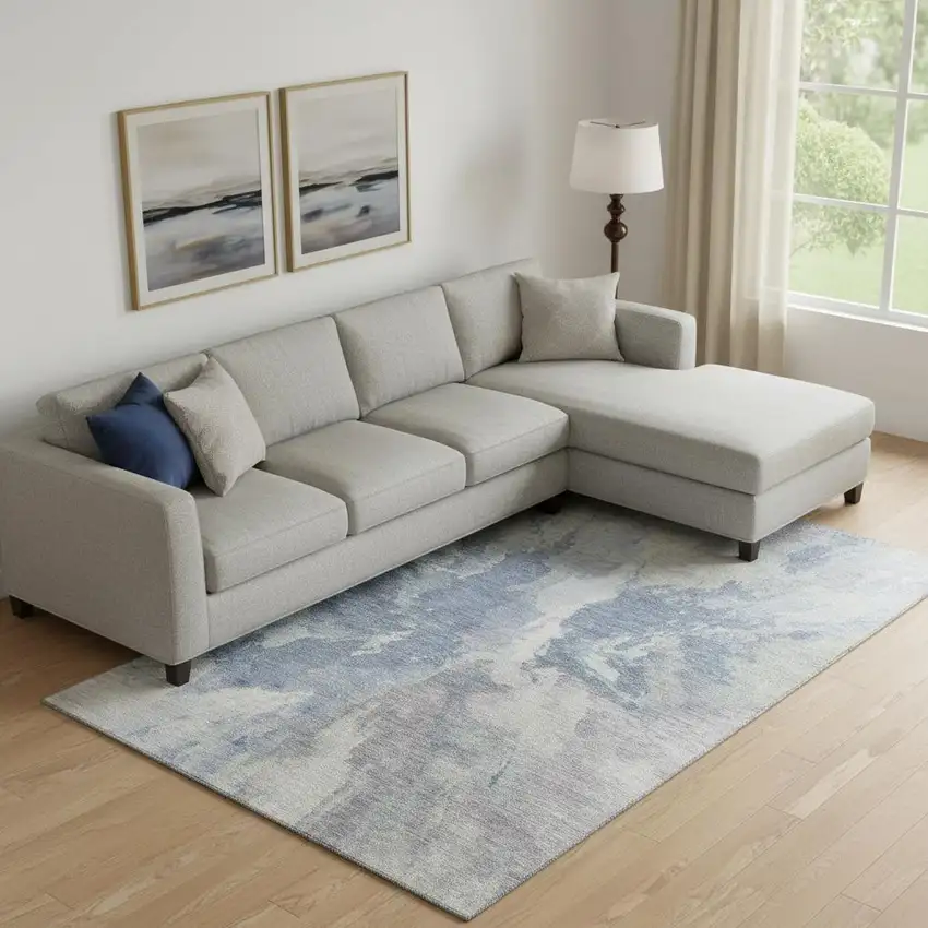 Denim Blue Ivory And Linen Abstract Washable Area Rug With UV Protection Photo 2
