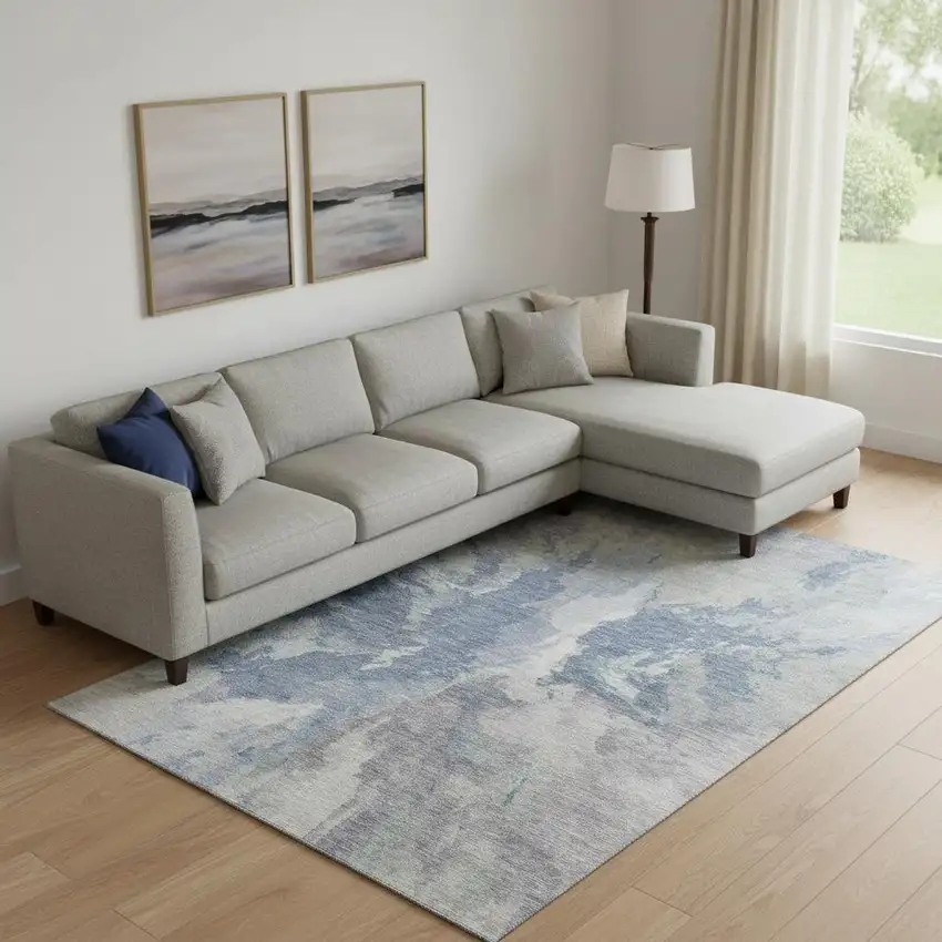 Denim Blue Ivory And Linen Abstract Washable Area Rug With UV Protection Photo 2