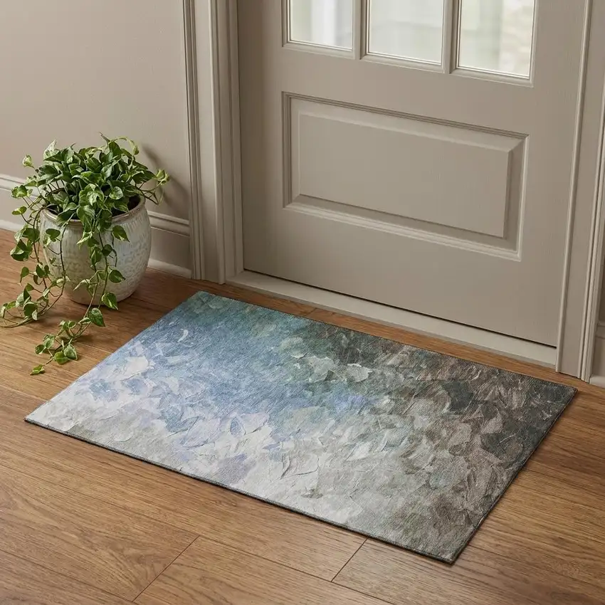 Denim Blue Ivory And Taupe Abstract Washable Area Rug With UV Protection Photo 1