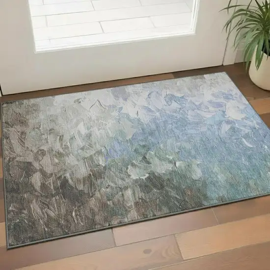Denim Blue Ivory And Taupe Abstract Washable Area Rug With UV Protection Photo 2