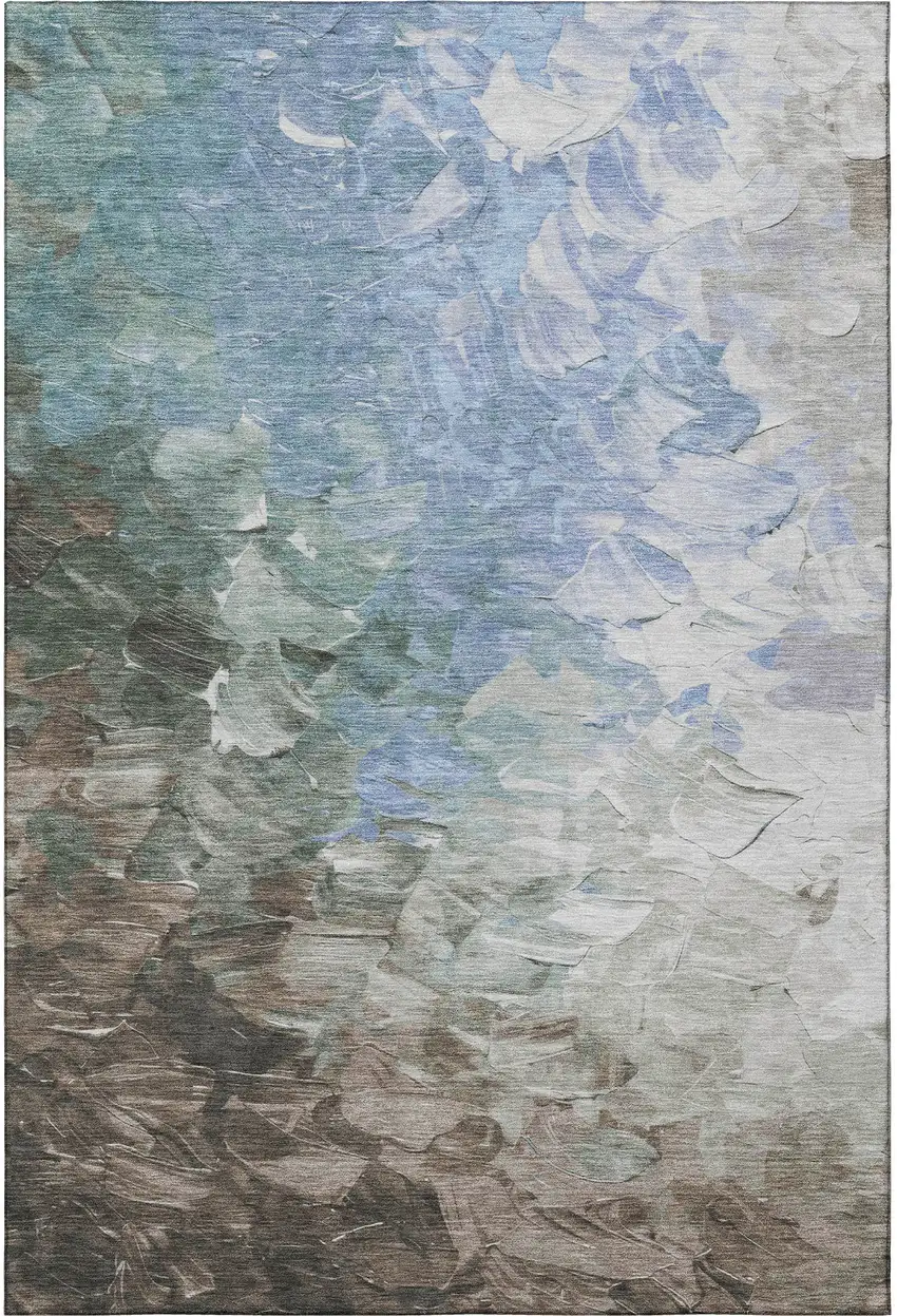 Denim Blue Ivory And Taupe Abstract Washable Area Rug With UV Protection Photo 3