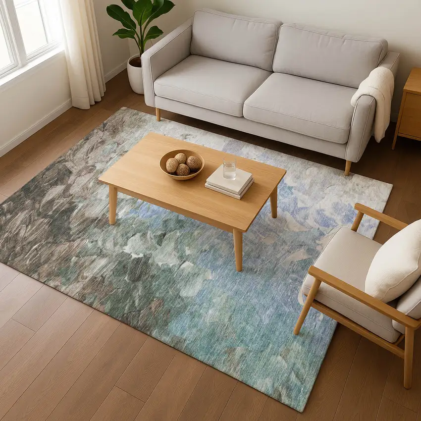 Denim Blue Ivory And Taupe Abstract Washable Area Rug With UV Protection Photo 5