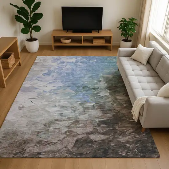 Denim Blue Ivory And Taupe Abstract Washable Area Rug With UV Protection Photo 4