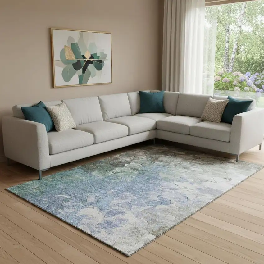 Denim Blue Ivory And Taupe Abstract Washable Area Rug With UV Protection Photo 2