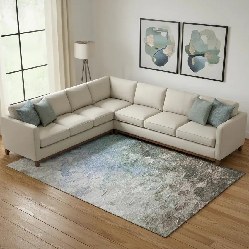 Denim Blue Ivory And Taupe Abstract Washable Area Rug With UV Protection Photo 2