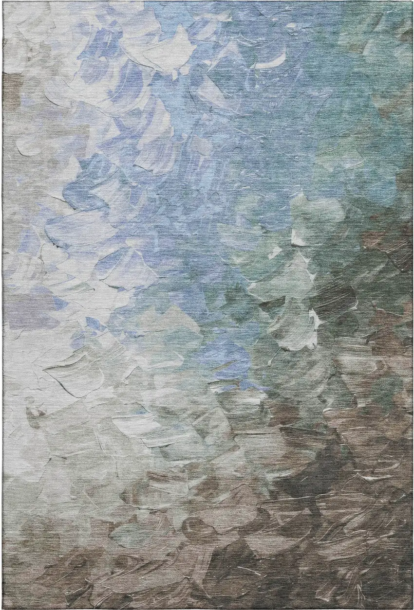 Denim Blue Ivory And Taupe Abstract Washable Area Rug With UV Protection Photo 1