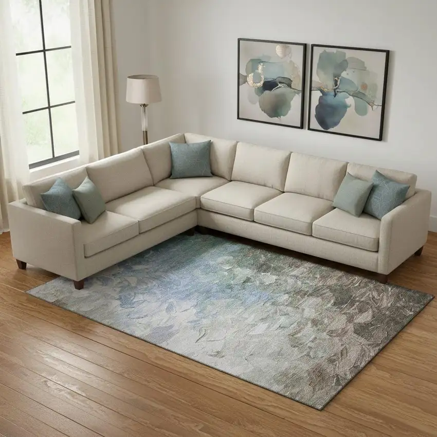 Denim Blue Ivory And Taupe Abstract Washable Area Rug With UV Protection Photo 2