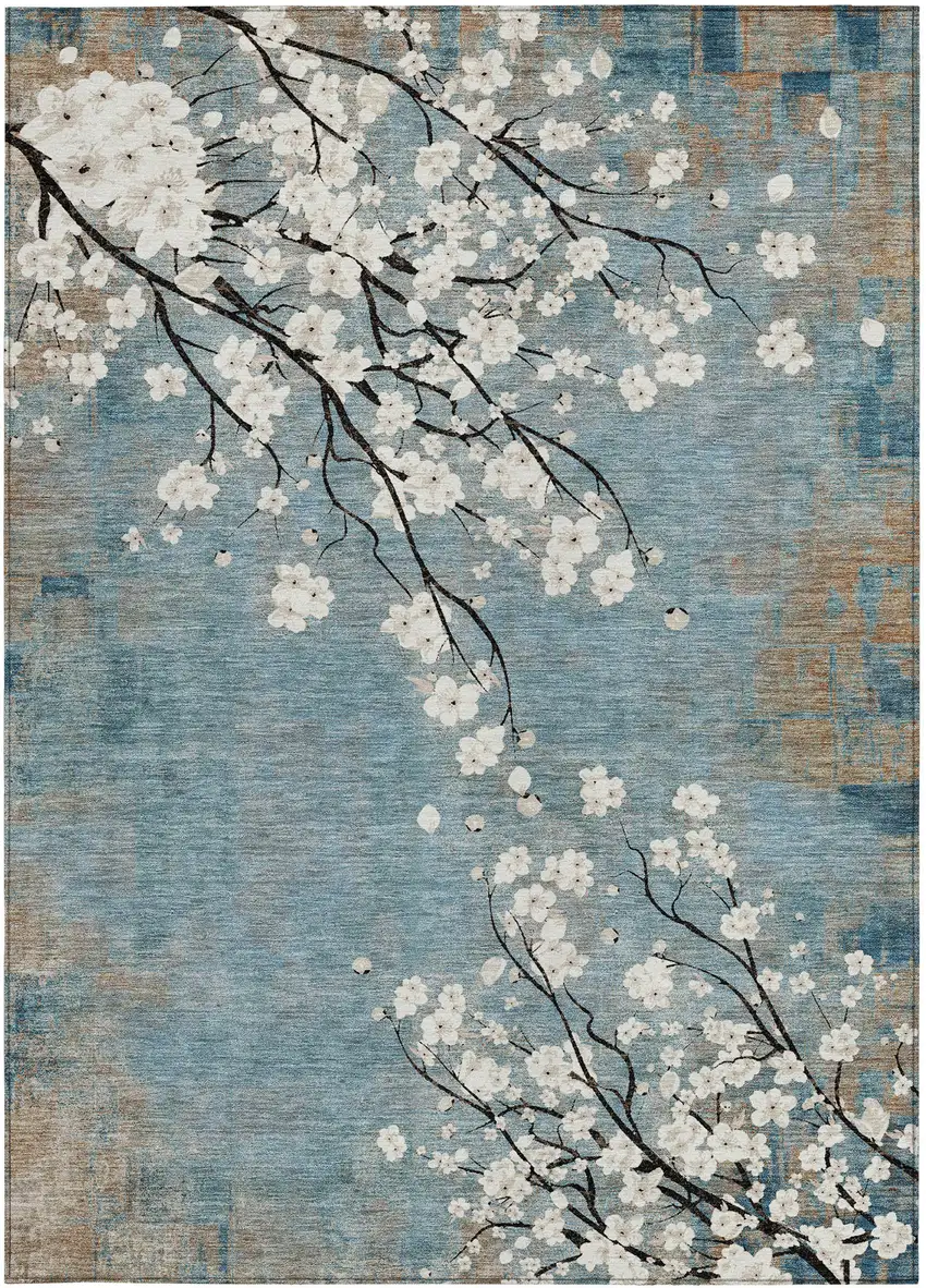 Denim Blue Ivory And Taupe Floral Washable Indoor Outdoor Area Rug Photo 4