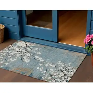 Photo of Denim Blue Ivory And Taupe Floral Washable Indoor Outdoor Area Rug