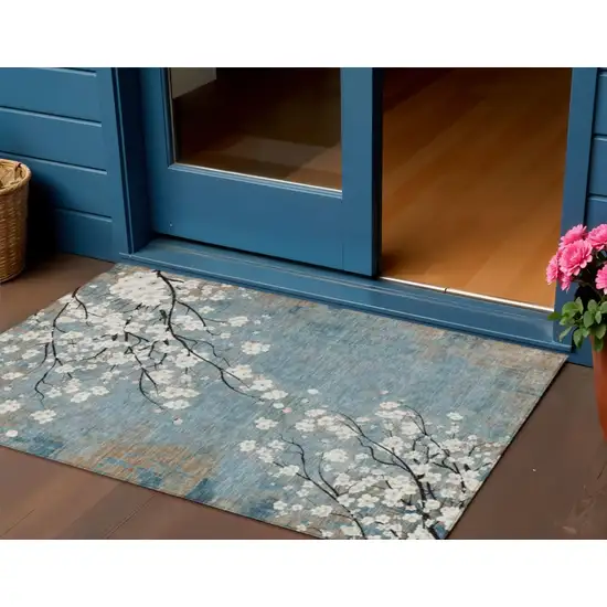 Denim Blue Ivory And Taupe Floral Washable Indoor Outdoor Area Rug Photo 1
