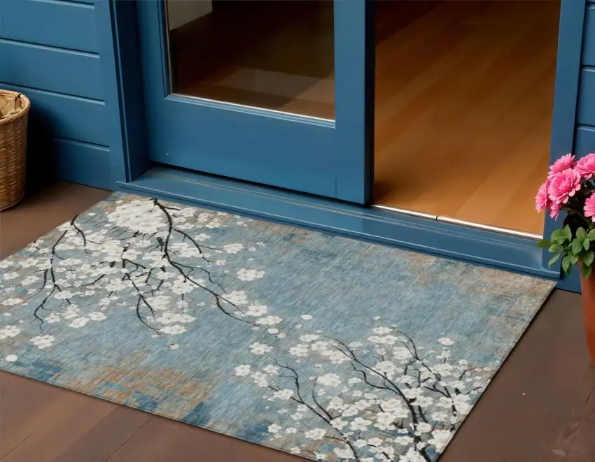 Denim Blue Ivory And Taupe Floral Washable Indoor Outdoor Area Rug Photo 1