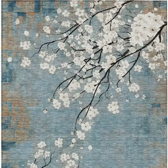 Denim Blue Ivory And Taupe Floral Washable Indoor Outdoor Area Rug Photo 6