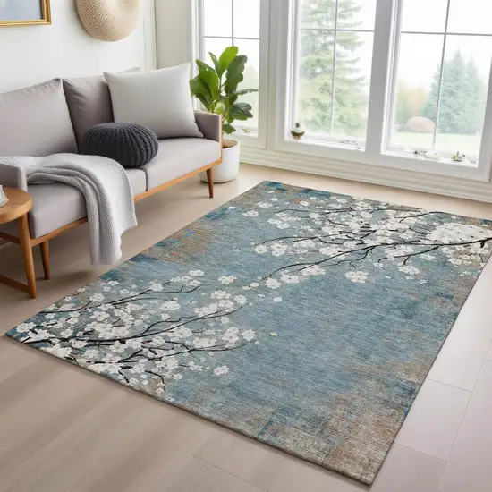 Denim Blue Ivory And Taupe Floral Washable Indoor Outdoor Area Rug Photo 9