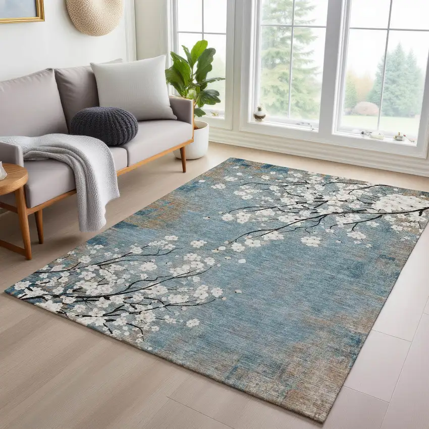 Denim Blue Ivory And Taupe Floral Washable Indoor Outdoor Area Rug Photo 9