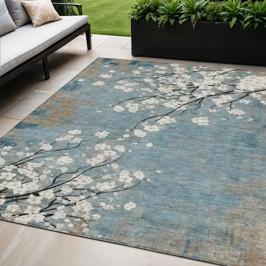 Denim Blue Ivory And Taupe Floral Washable Indoor Outdoor Area Rug Photo 1