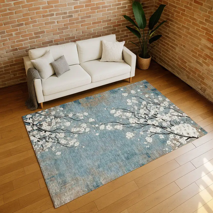 Denim Blue Ivory And Taupe Floral Washable Indoor Outdoor Area Rug Photo 6
