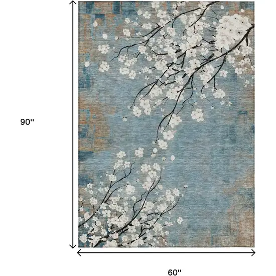 Denim Blue Ivory And Taupe Floral Washable Indoor Outdoor Area Rug Photo 3