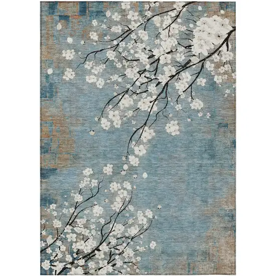 Denim Blue Ivory And Taupe Floral Washable Indoor Outdoor Area Rug Photo 2