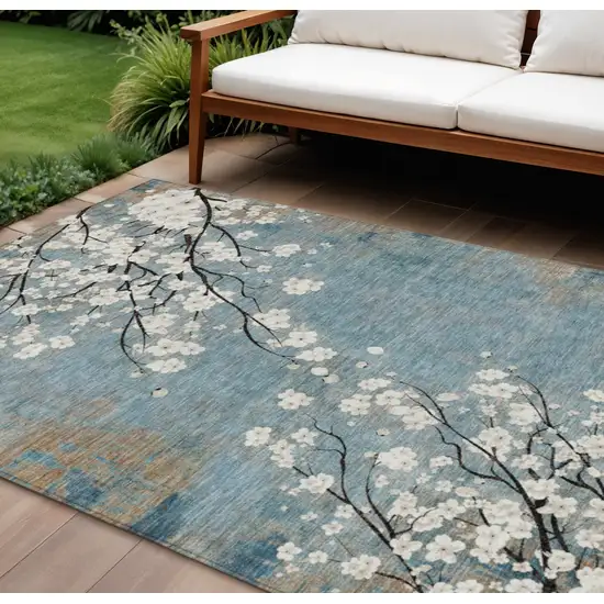 Denim Blue Ivory And Taupe Floral Washable Indoor Outdoor Area Rug Photo 1