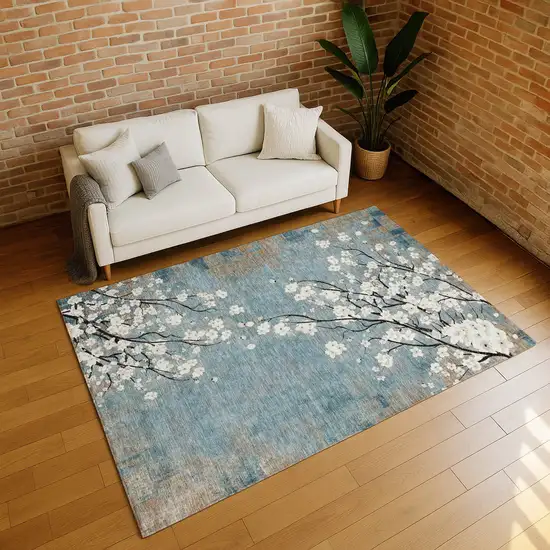 Denim Blue Ivory And Taupe Floral Washable Indoor Outdoor Area Rug Photo 6
