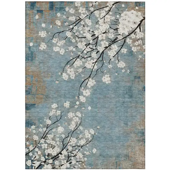 Denim Blue Ivory And Taupe Floral Washable Indoor Outdoor Area Rug Photo 2
