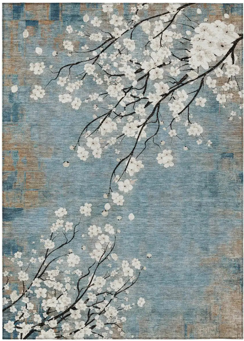 Denim Blue Ivory And Taupe Floral Washable Indoor Outdoor Area Rug Photo 2
