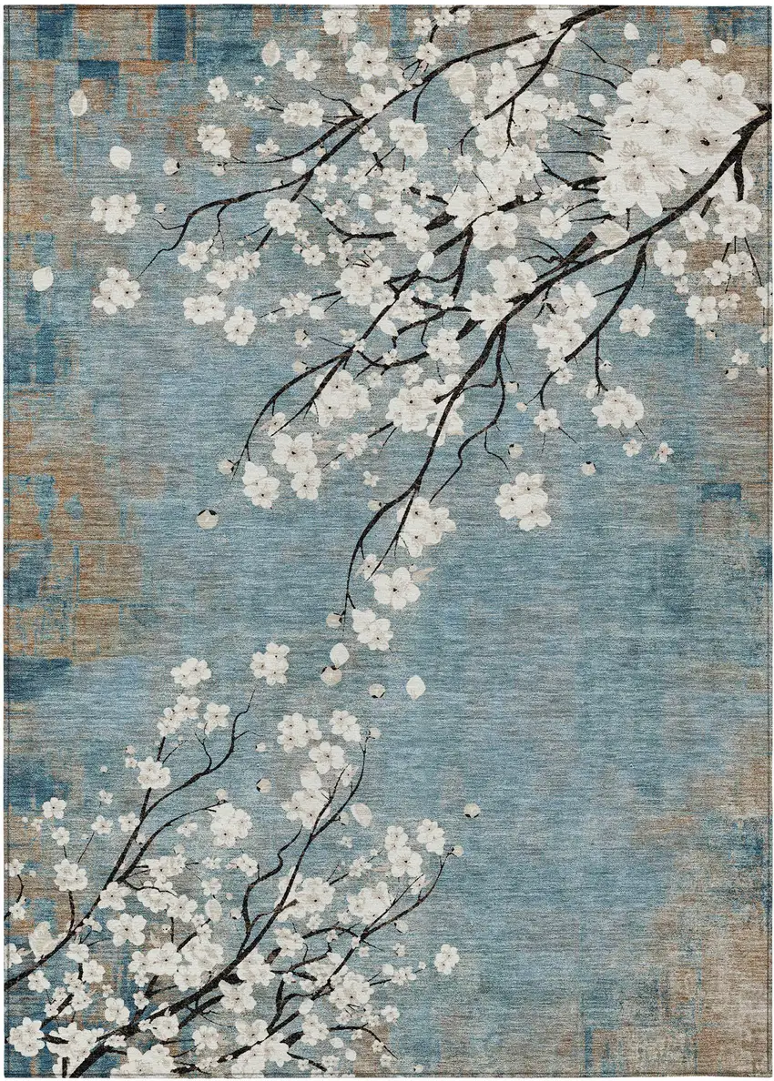 Denim Blue Ivory And Taupe Floral Washable Indoor Outdoor Area Rug Photo 2