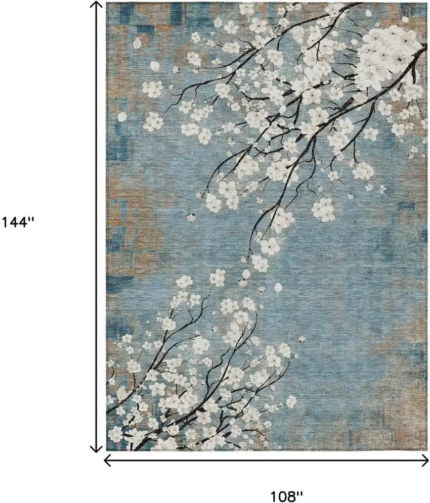 Denim Blue Ivory And Taupe Floral Washable Indoor Outdoor Area Rug Photo 3