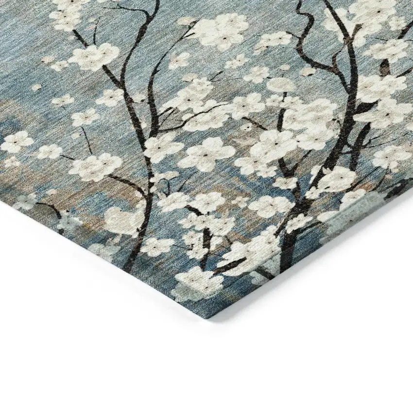 Denim Blue Ivory And Taupe Floral Washable Indoor Outdoor Area Rug Photo 4