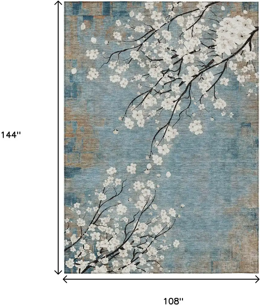 Denim Blue Ivory And Taupe Floral Washable Indoor Outdoor Area Rug Photo 8