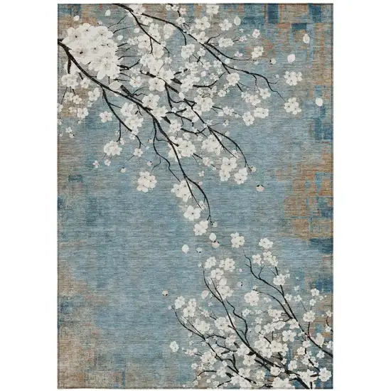Denim Blue Ivory And Taupe Floral Washable Indoor Outdoor Area Rug Photo 3