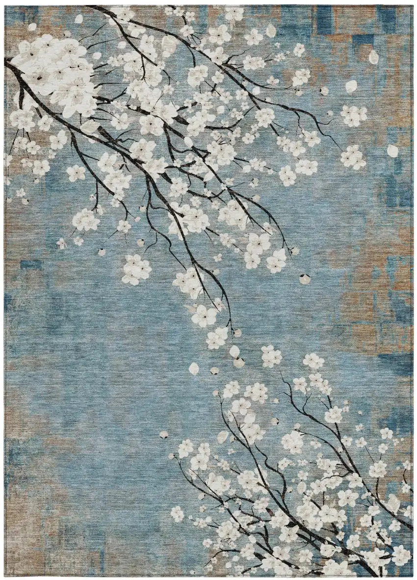 Denim Blue Ivory And Taupe Floral Washable Indoor Outdoor Area Rug Photo 3