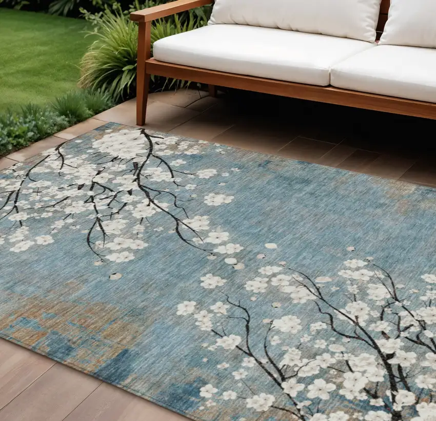 Denim Blue Ivory And Taupe Floral Washable Indoor Outdoor Area Rug Photo 1