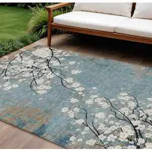 Photo of Denim Blue Ivory And Taupe Floral Washable Indoor Outdoor Area Rug