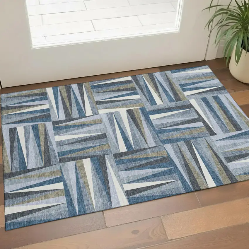 Denim Blue Ivory And Taupe Geometric Washable Area Rug With UV Protection Photo 1