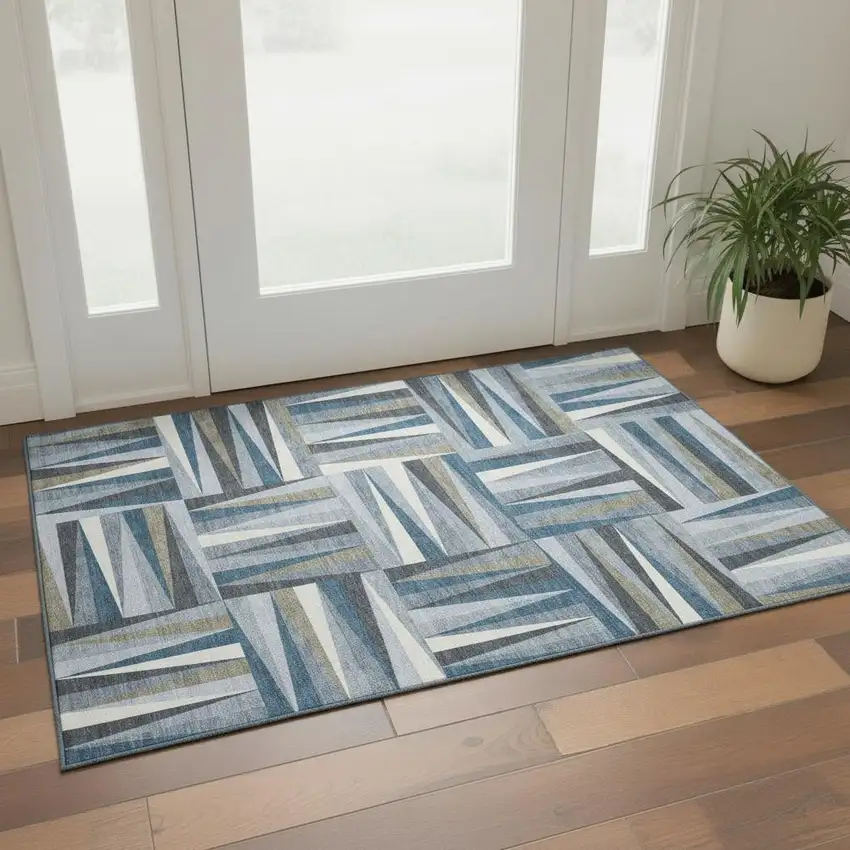 Denim Blue Ivory And Taupe Geometric Washable Area Rug With UV Protection Photo 2